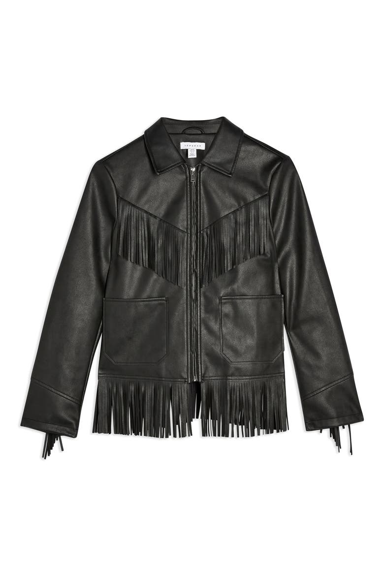 Fringe Trim Faux Leather Jacket, Alternate, color, BLACK