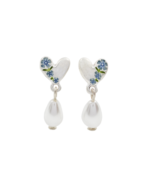 Forget-Me-Not Heart & Pearl Earrings Silver