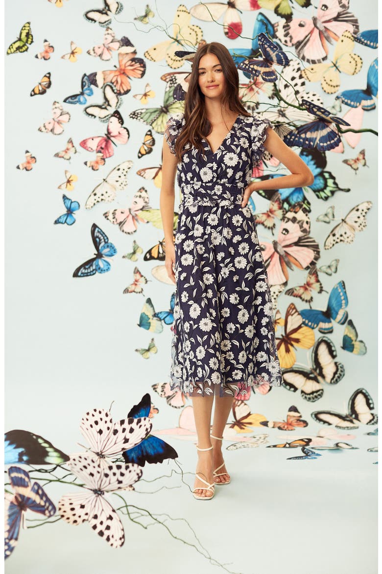Floral Mesh Overlay Dress, Alternate, color, NAVY/ BLACK/ WHITE