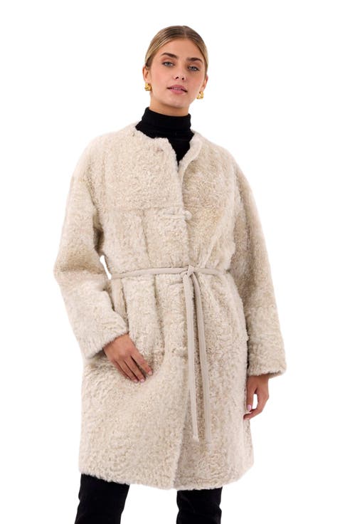 Reversible Collarless Genuine Shearling Short Coat