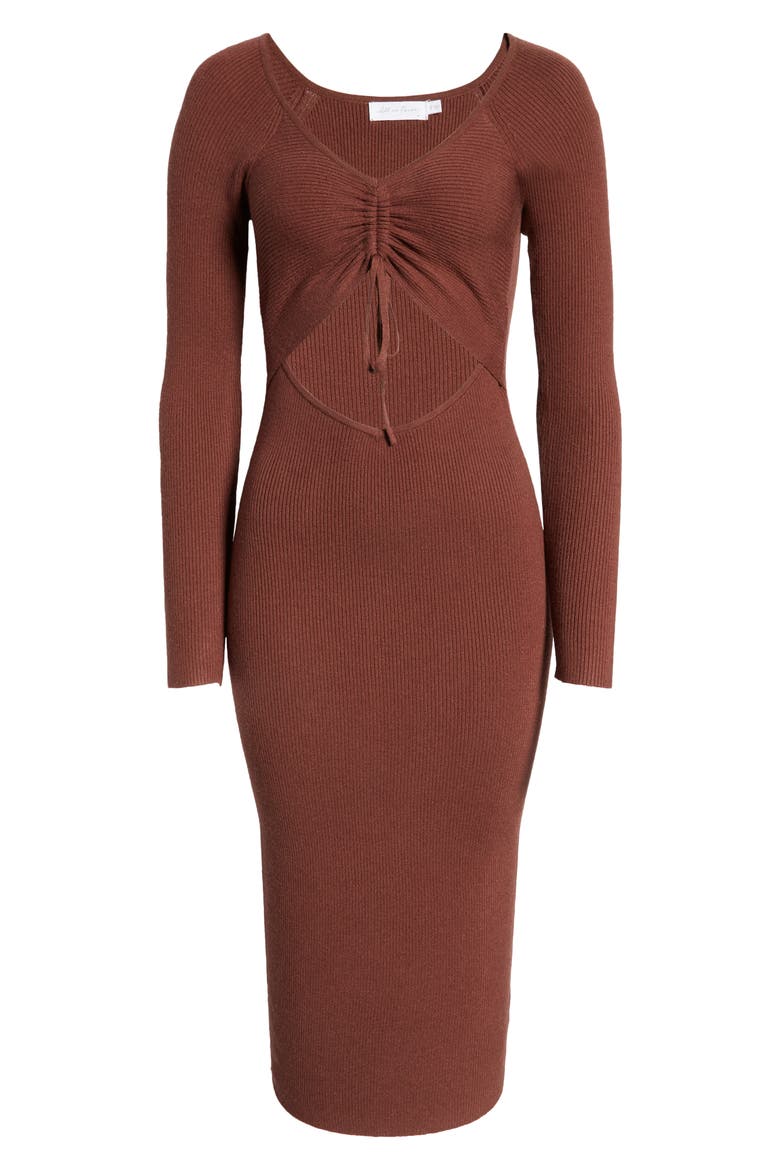 Gathered Front Cutout Long Sleeve Rib Midi Dress, Alternate, color, COFFEE