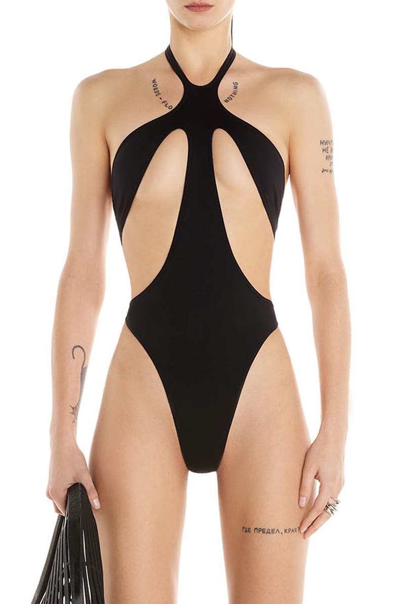 MUGLER Halter Cutout Thong One-Piece Swimsuit, Main, color,