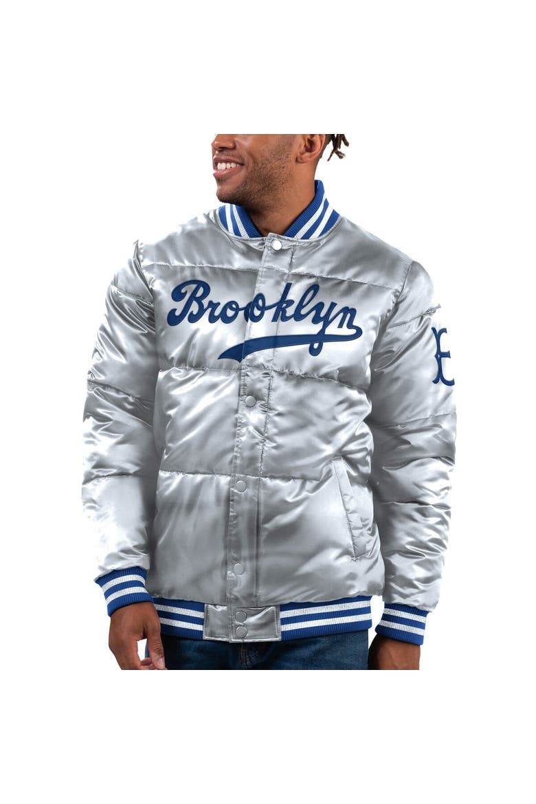 Men's Starter Silver Brooklyn Dodgers Cooperstown Collection Bronx Satin Full-Snap Bomber Jacket, Main, color, Silver