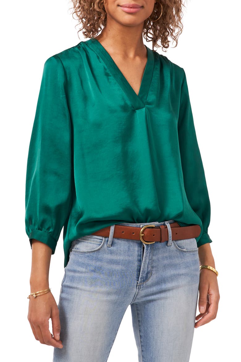 V-Neck Satin Blouse, Main, color, EVERGREEN