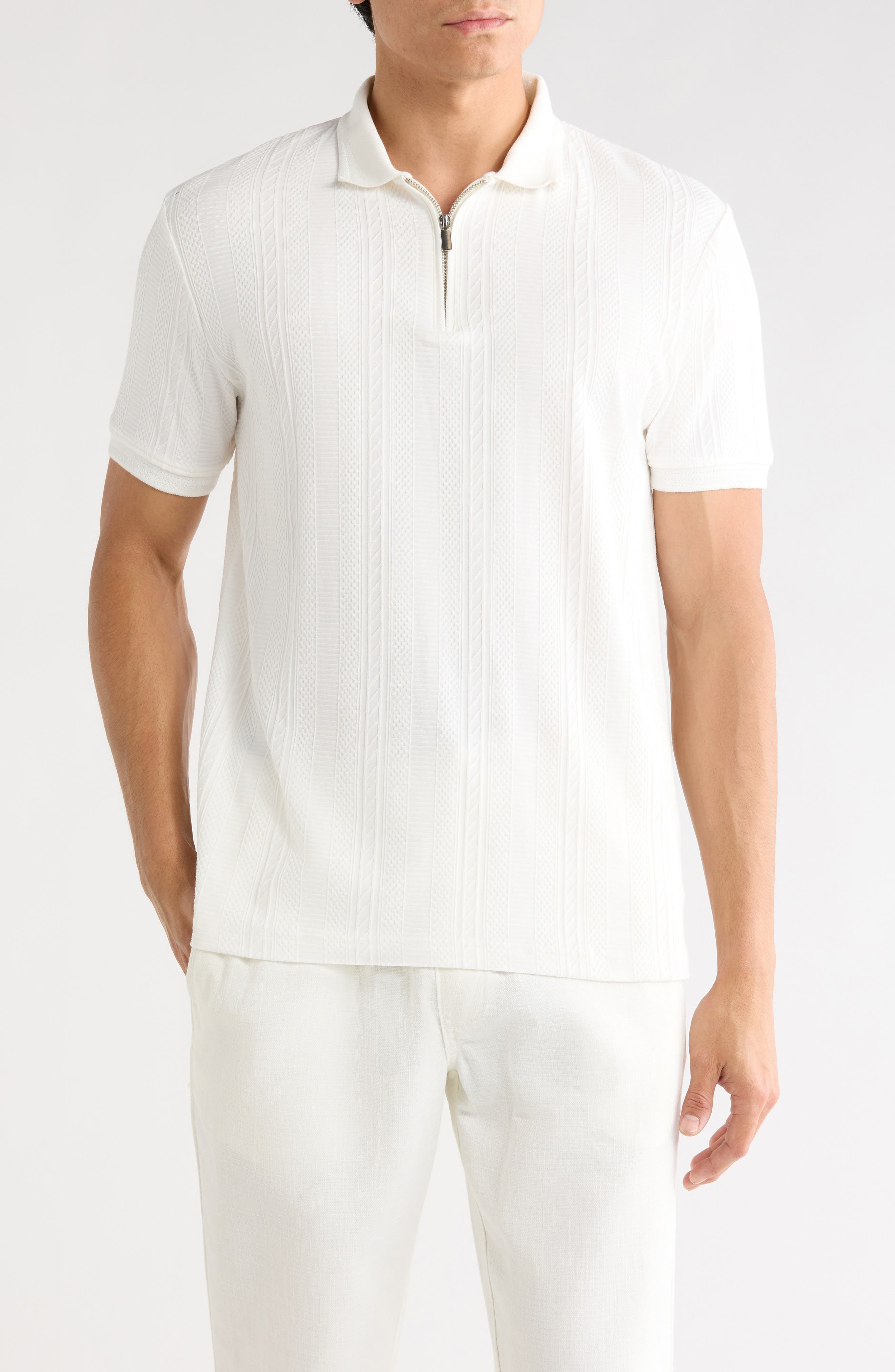 DENIM AND FLOWER Quarter Zip Textured Knit Polo