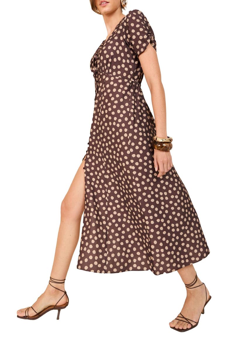 Polka Dot Fit & Flare Midi Dress, Alternate, color, BROWN