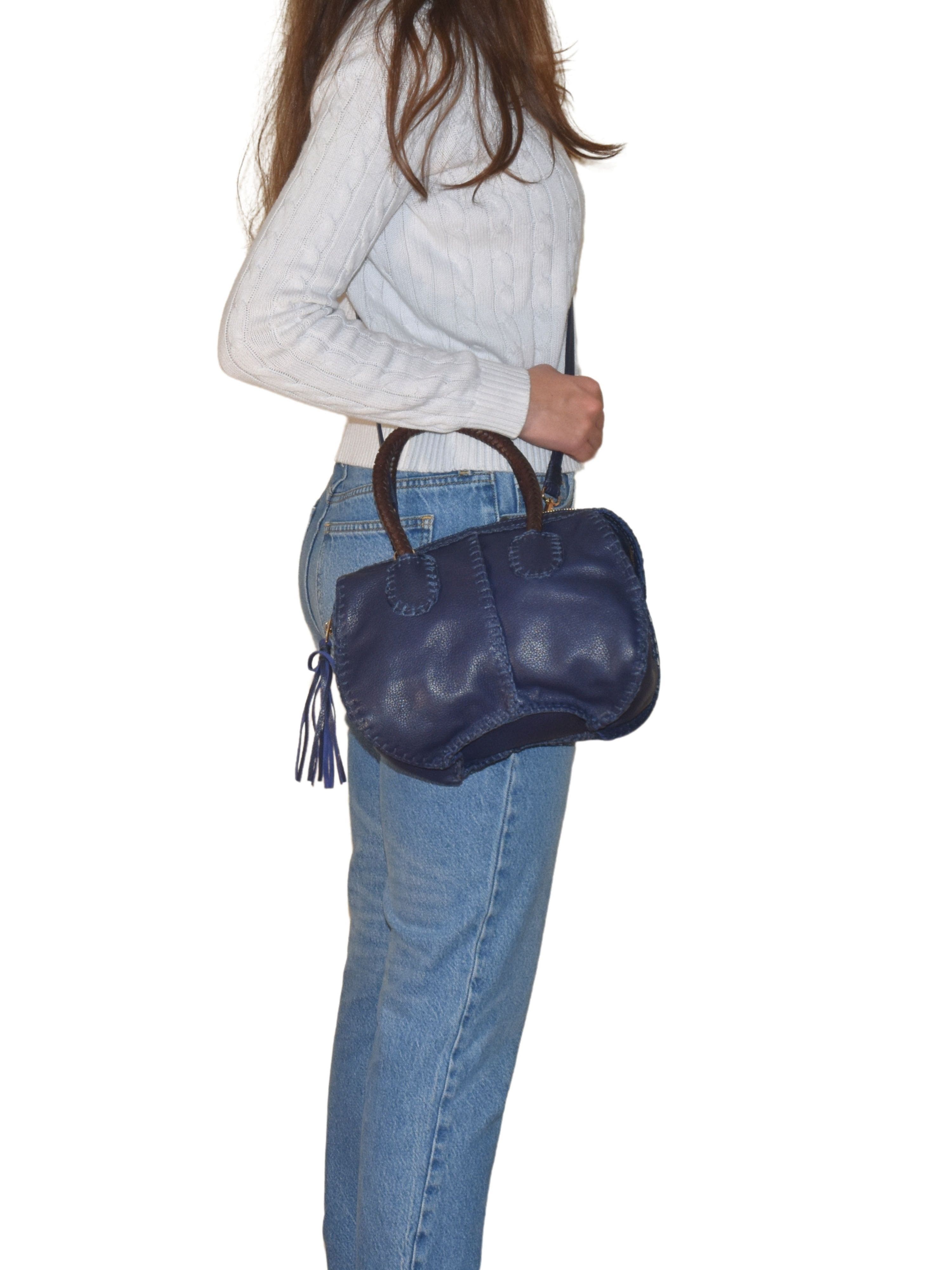 Carlos Falchi Mini Barrel Leather Bag CF278, Alternate, color, Navy