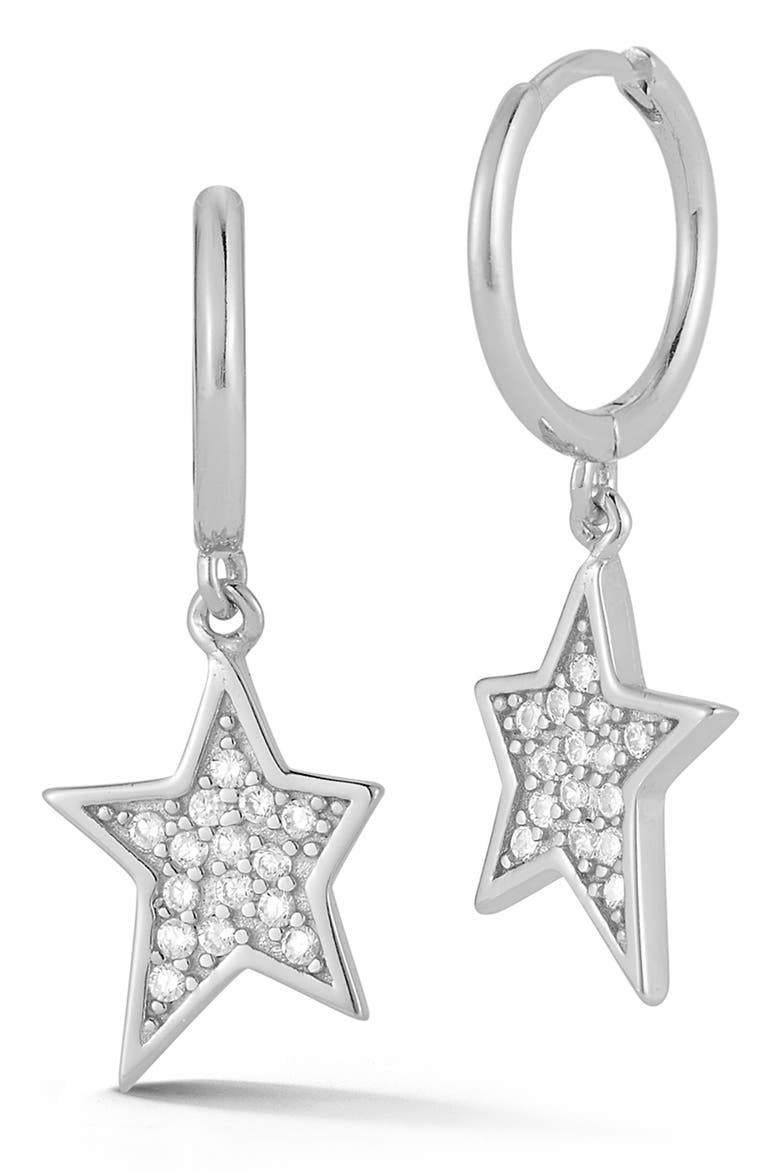 Rhodium Plated Sterling Silver Pave CZ Star Drop Huggie Earrings, Main, color, SILVER
