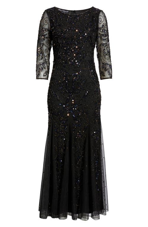 Pisarro Nights Illusion Sleeve Beaded A-line Gown In Black