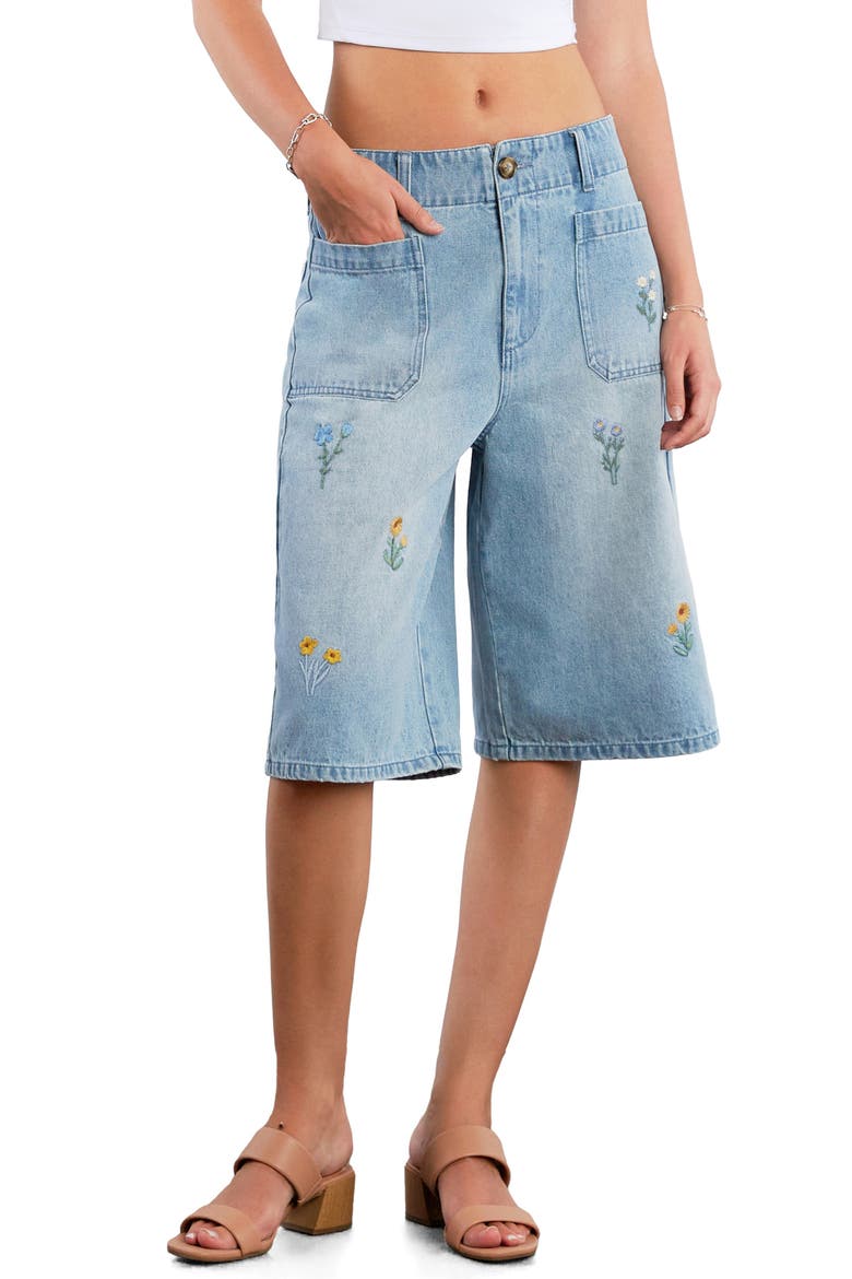 Wildflower Embroidered Denim Shorts, Main, color, WASHED BLUE