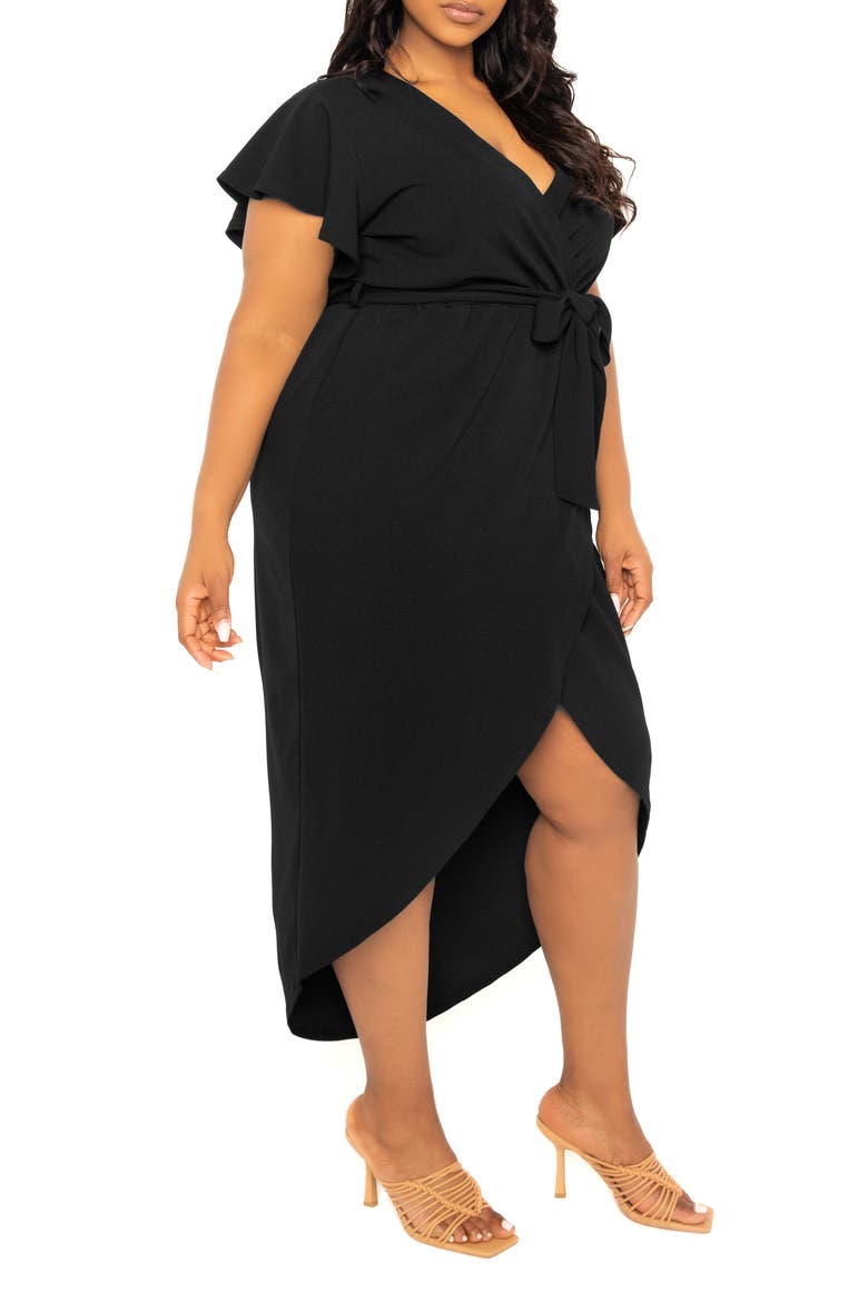 Flutter Sleeve High-Low Faux Wrap Dress, Alternate, color, BLACK