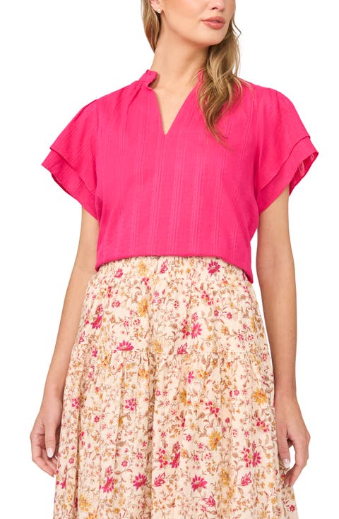 Ruffle Neck Flutter Sleeve Cotton Top