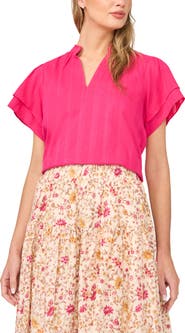 Halogen® Ruffle Neck Flutter Sleeve Cotton Top