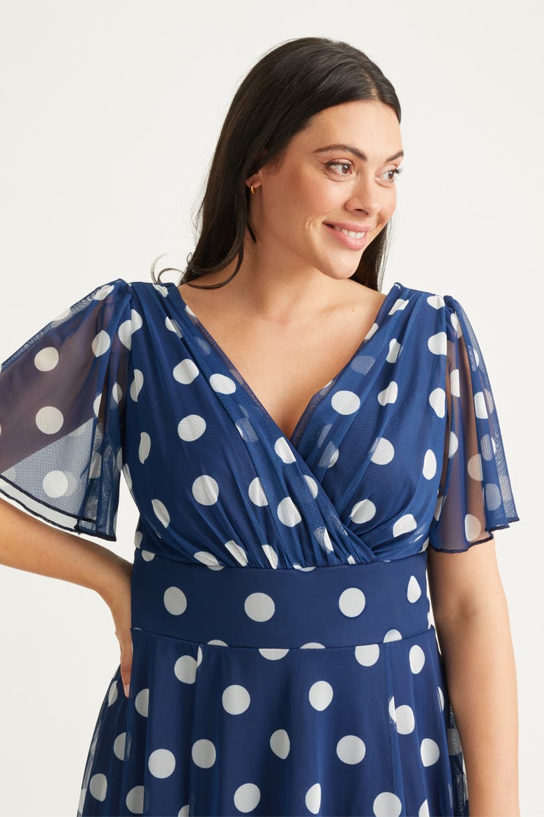 Victoria Spot Angel Sleeve Midi Dress, Alternate, color, Navy Spot