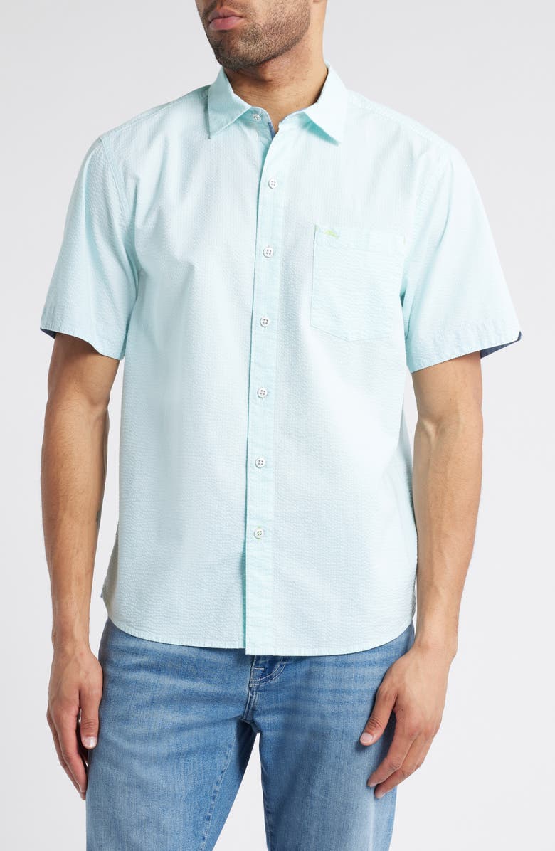 Tommy Bahama Nova Wave Short Sleeve Seersucker Button-Up Shirt, Main, color, Aquarius