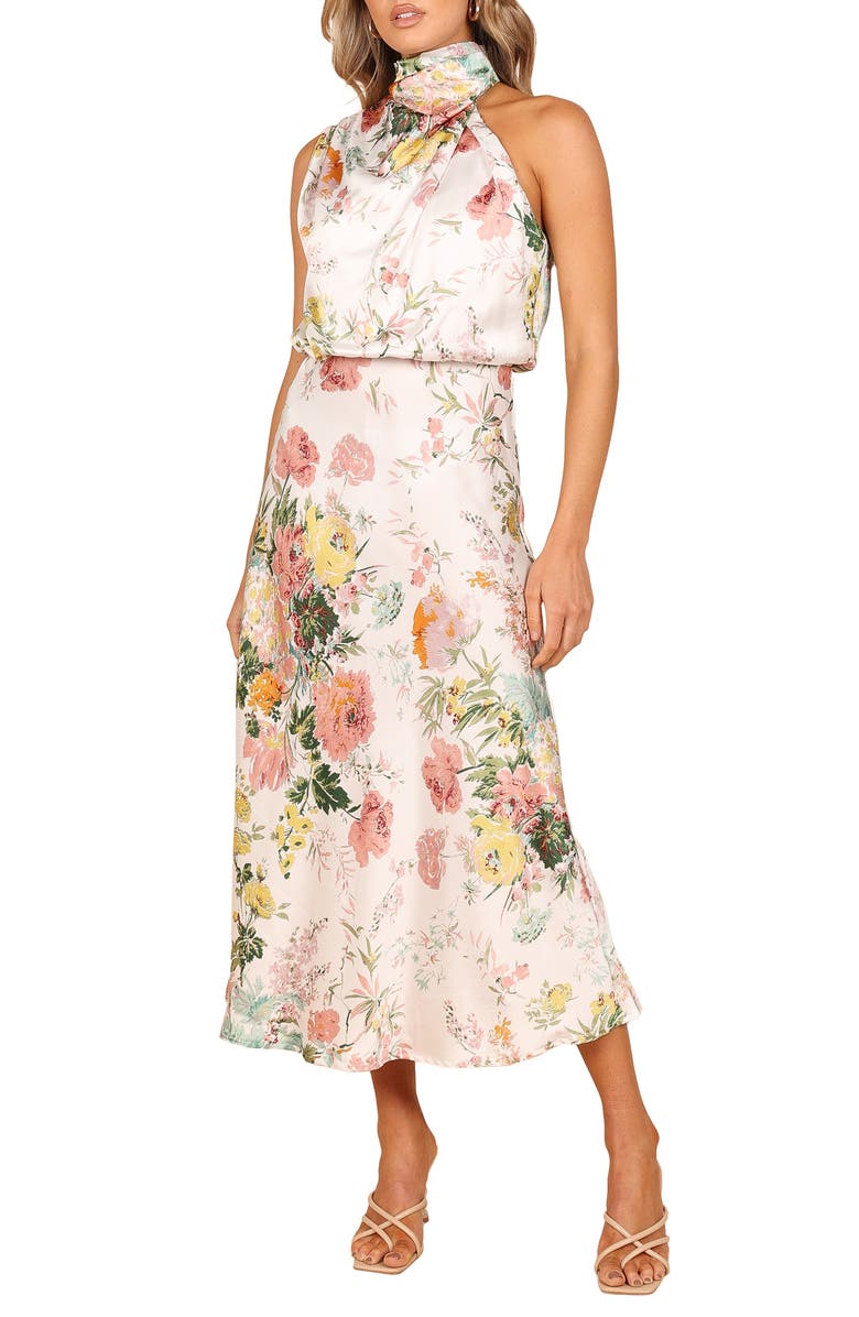 Petal & Pup Anabelle Floral Halter Neck Satin Midi Dress, Main, color, White Floral