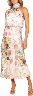 Petal & Pup Anabelle Floral Halter Neck Satin Midi Dress