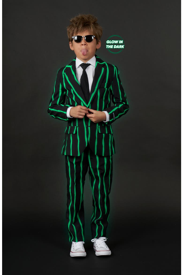 Kids' Suitmeister Oversize Pinstripe Two-Piece Suit with Tie, Alternate, color, BLACK