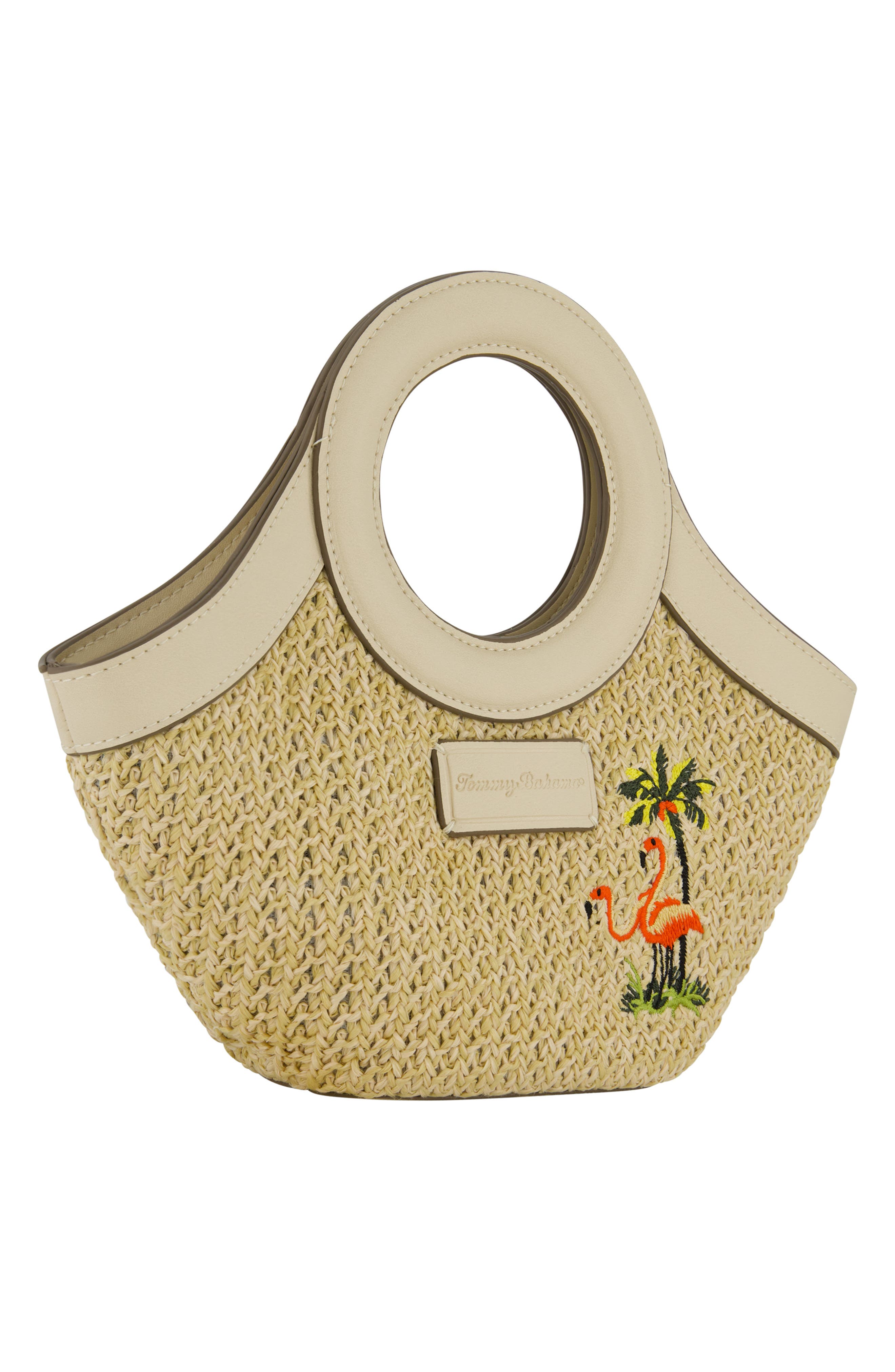 Tommy Bahama Mini Flamingo Embroidered Woven Tote Bag, Alternate, color, Cream