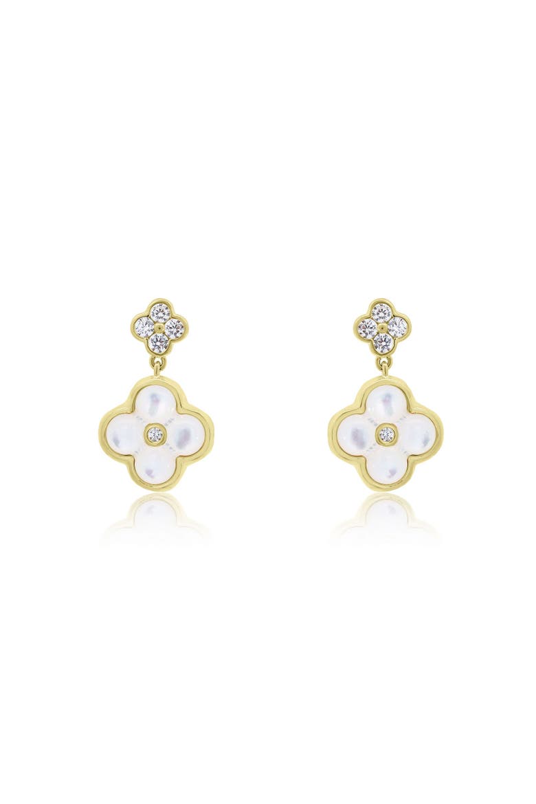 Mother of Pearl CZ Clover Drop Earrings, Alternate, color, Gold Plated Sterling Silver