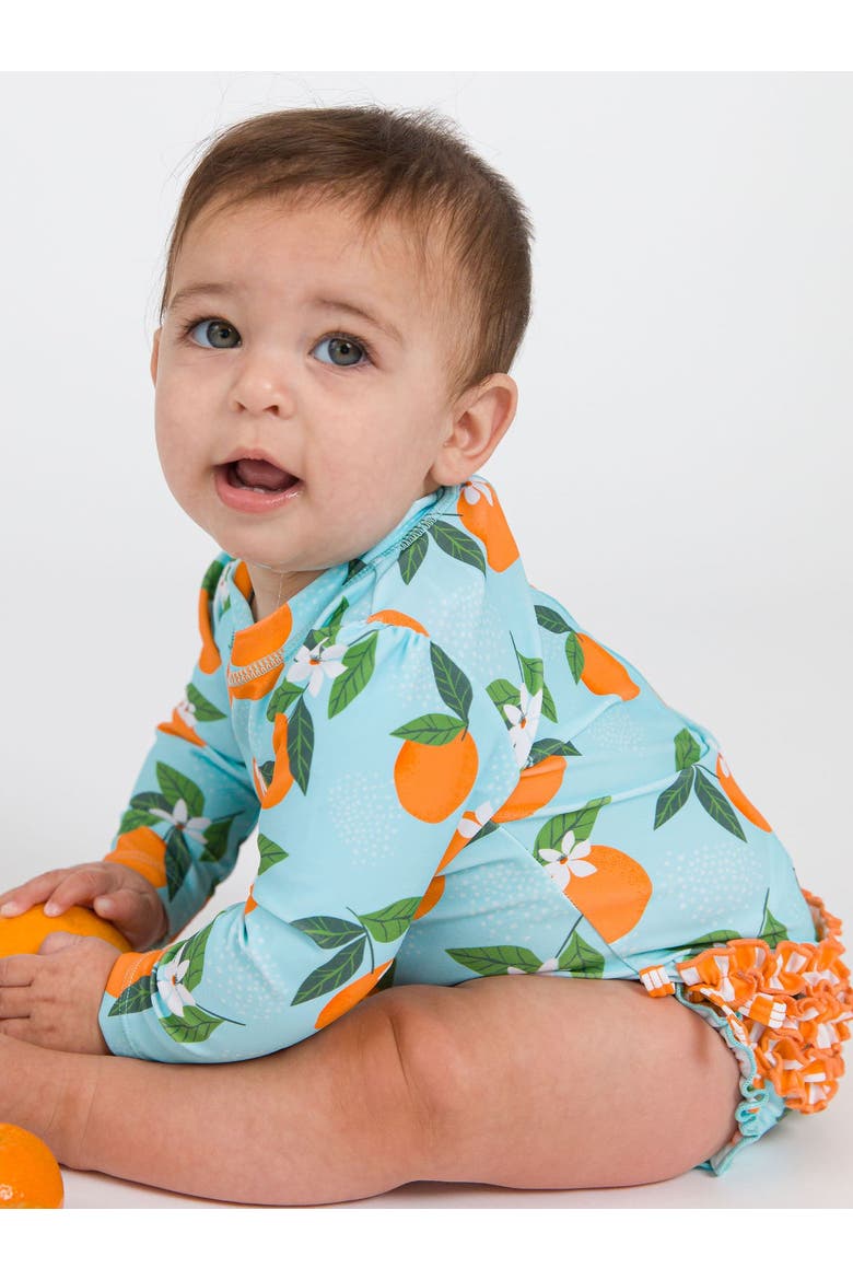 Baby Girls Orange You The Sweetest Long Sleeve UPF50+ One Piece Rash Guard, Alternate, color, Blue Orange You The Sweetest