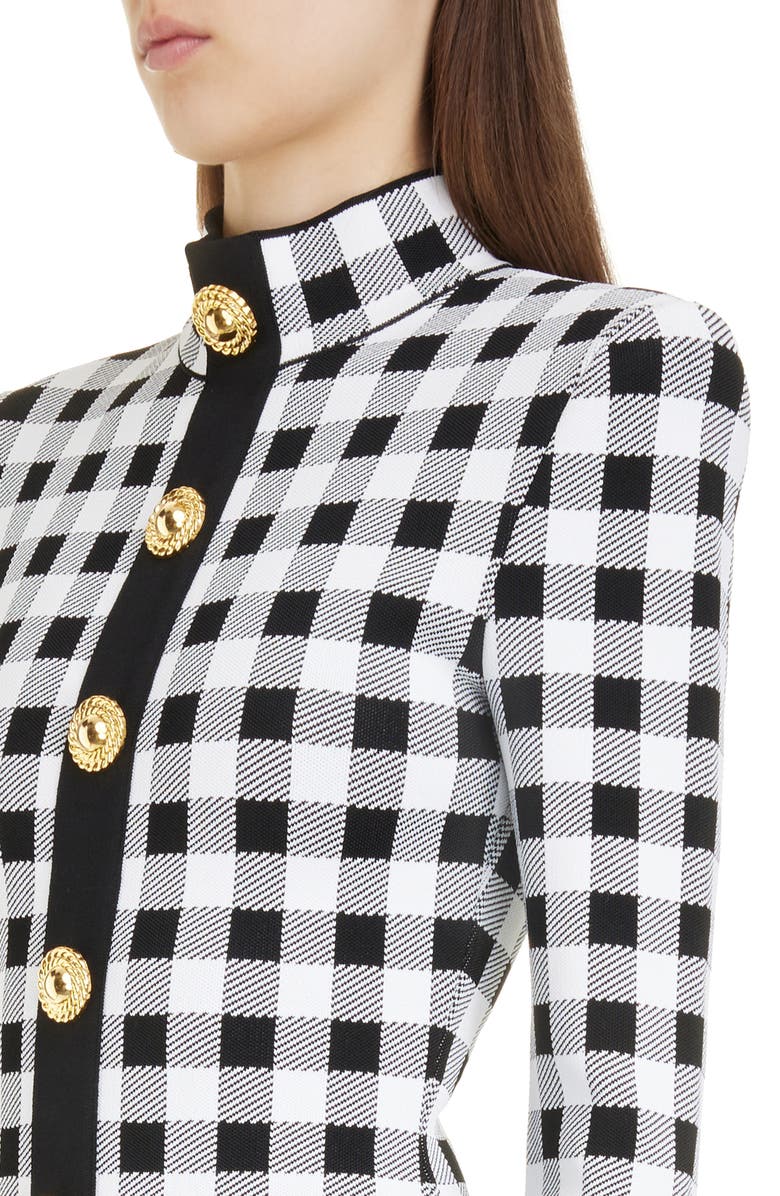 Balmain Gingham Button Front Long Sleeve Knit Minidress, Alternate, color,