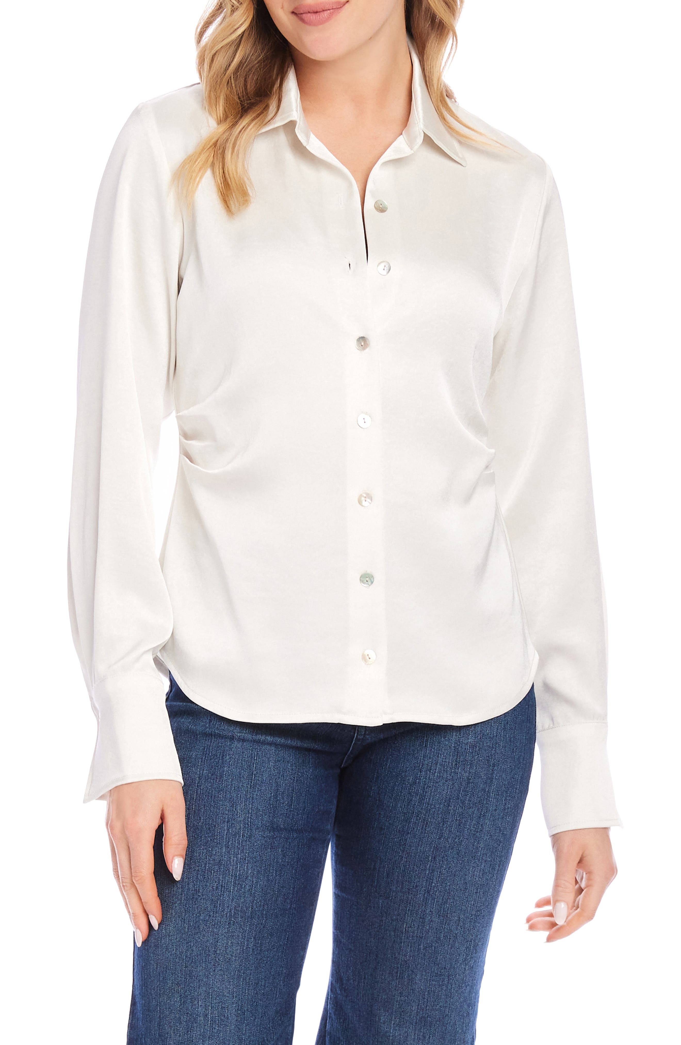 Karen Kane Side Pleat Satin Button-Up Shirt in Cream 