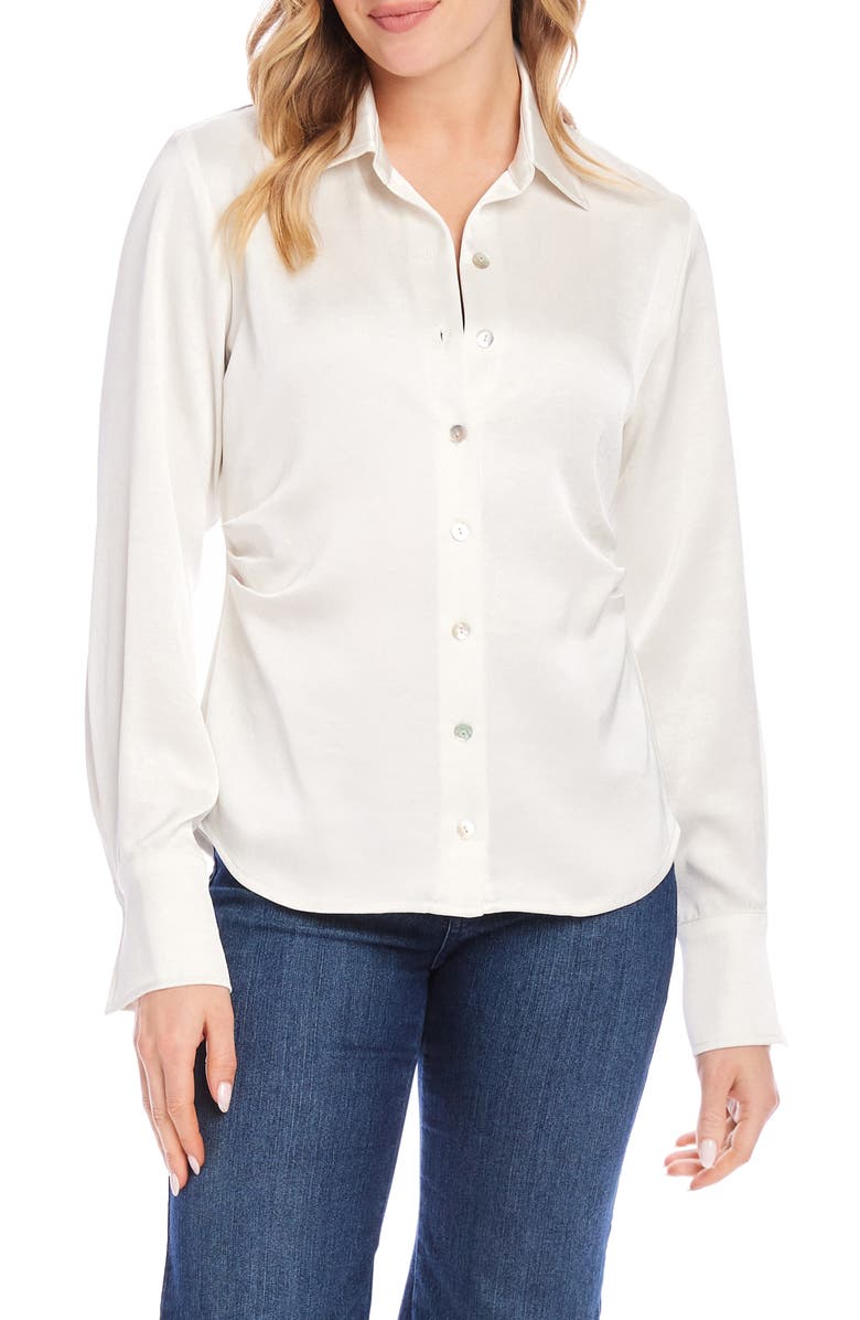 Karen Kane Side Pleat Satin Button-Up Shirt, Main, color, 