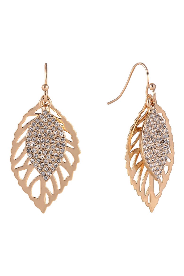 Pavé Open Leaf Drop Earrings, Alternate, color, GOLD