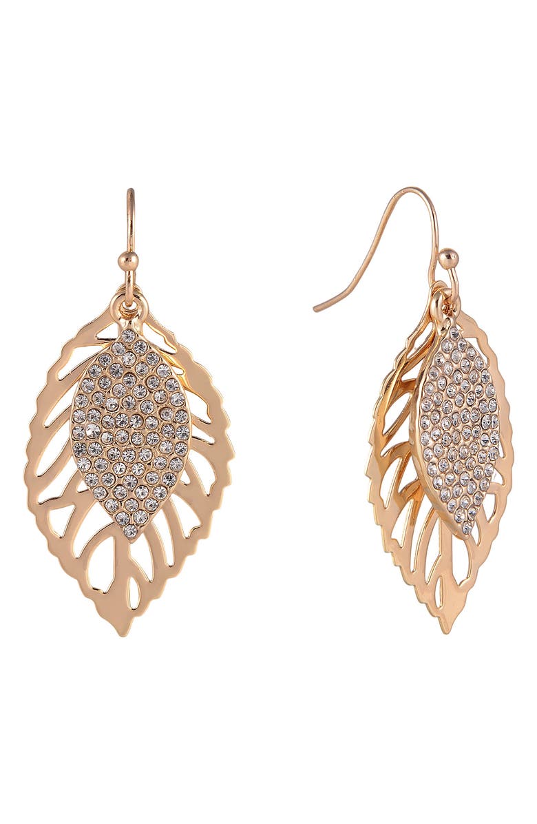 Rachel Roy Pavé Open Leaf Drop Earrings, Alternate, color, Gold