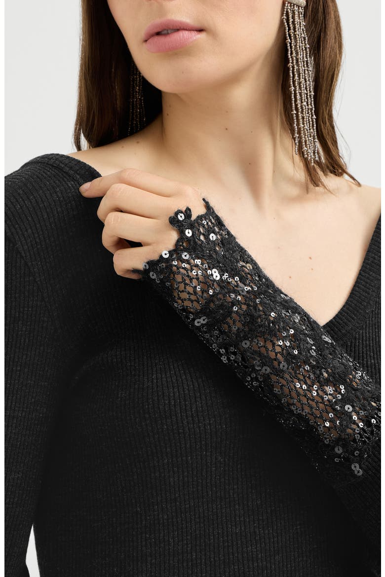 Ribbed wool jersey sweater with dazzling lace embroidery cuffs, Alternate, color, Anthracite
