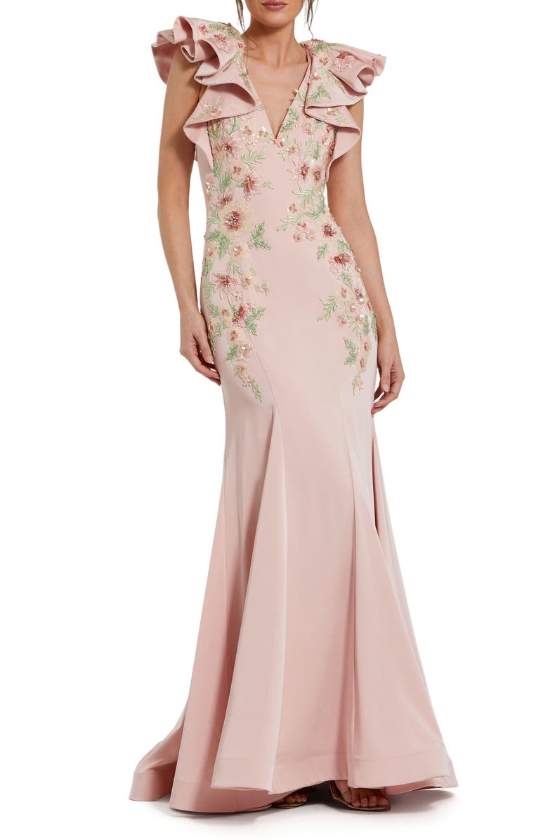 Mac Duggal Women's Flutter Sleeve Embellished Mermaid Gown, Main, color, Blush