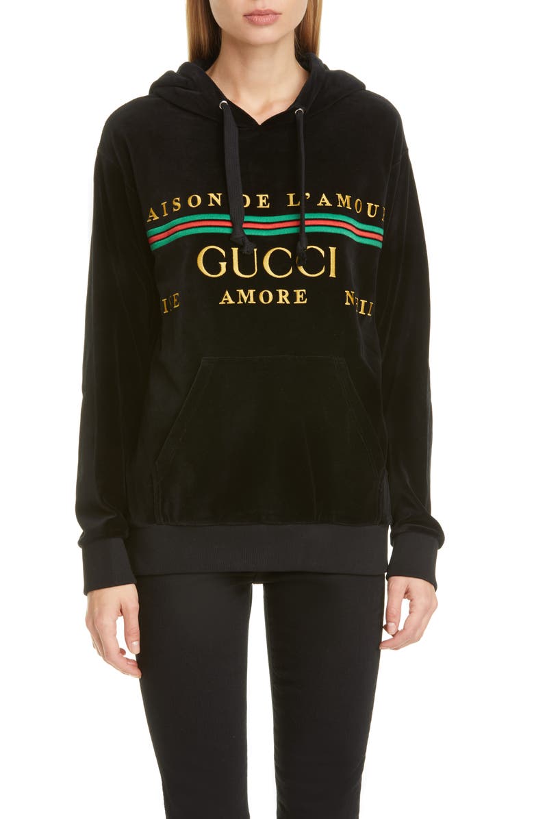 Gucci Oversize Embroidered Velour Hoodie, Main, color, 