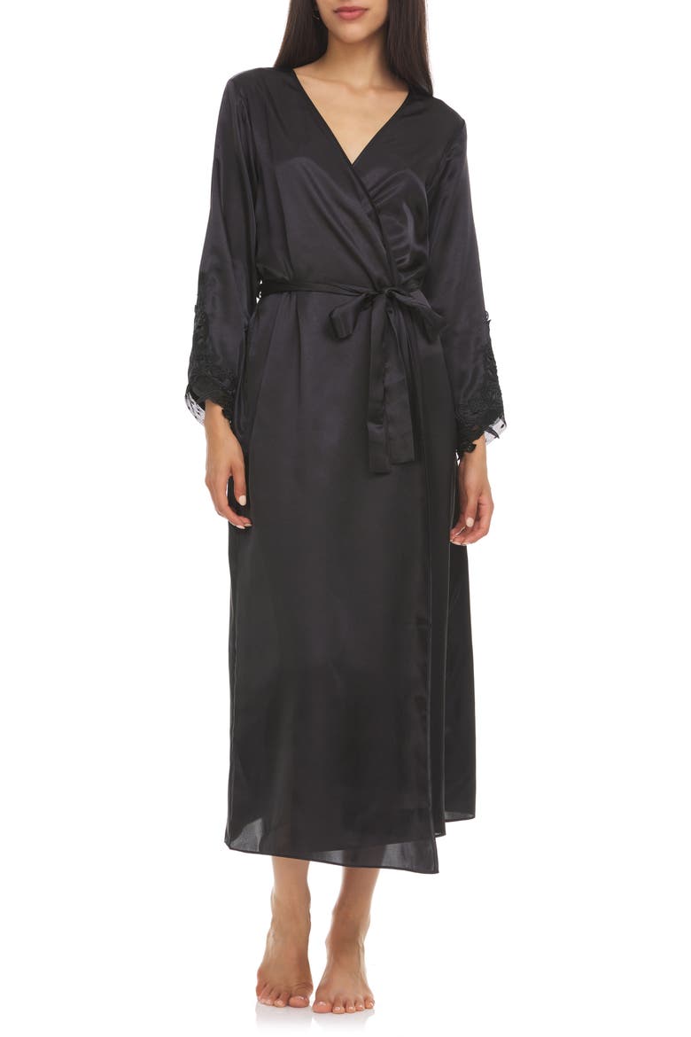 Stella Belted Lace Trim Satin Robe, Main, color, BLACK