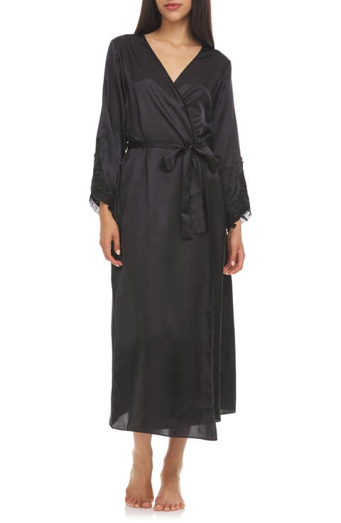 Stella Belted Lace Trim Satin Robe