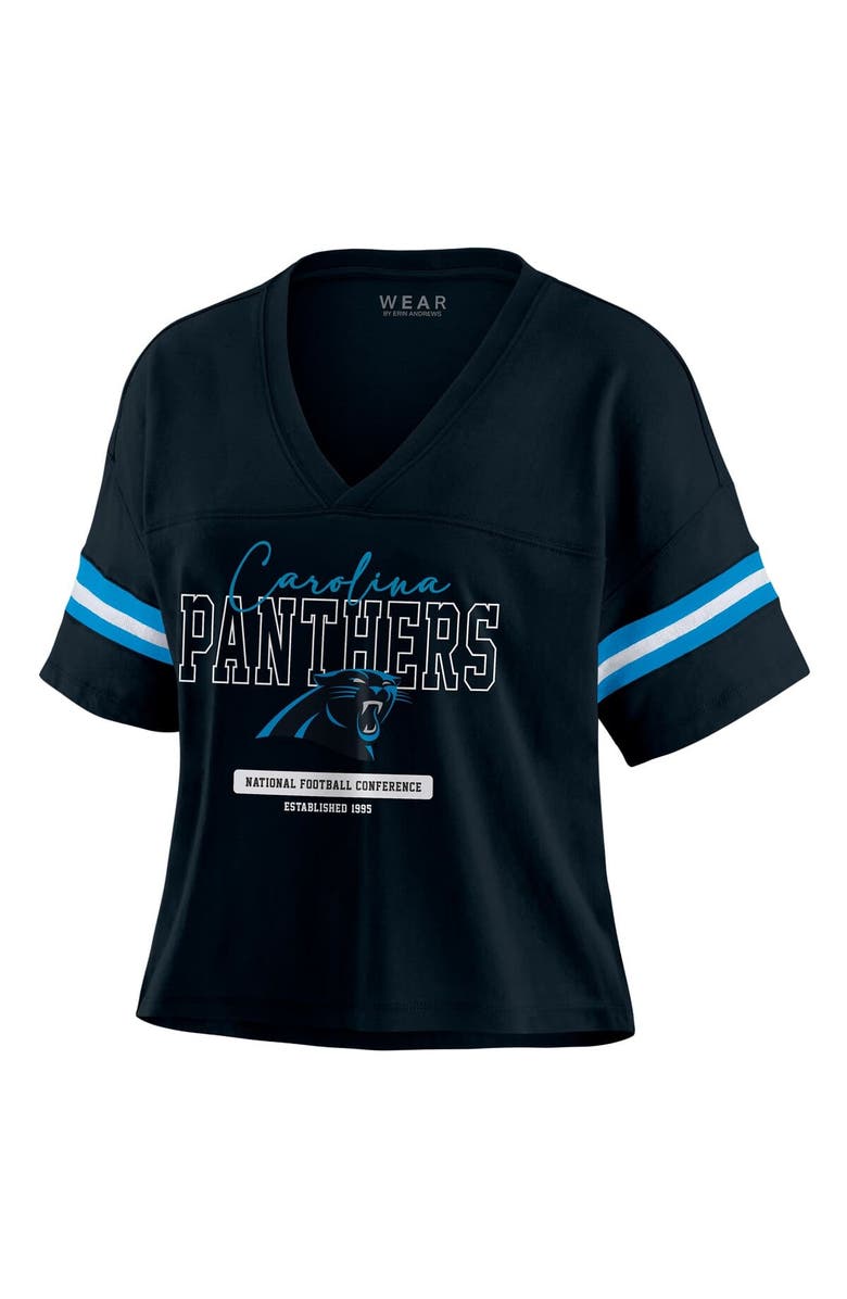 WEAR by Erin Andrews Women's WEAR by Erin Andrews Black Carolina Panthers Color Block Boxy Modest Crop V-Neck T-Shirt, Alternate, color, Black