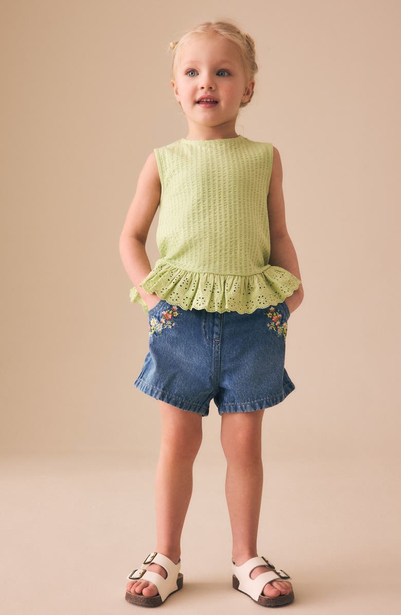 NEXT Kids' Embroidered Floral Denim Shorts, Alternate, color, Blue Denim