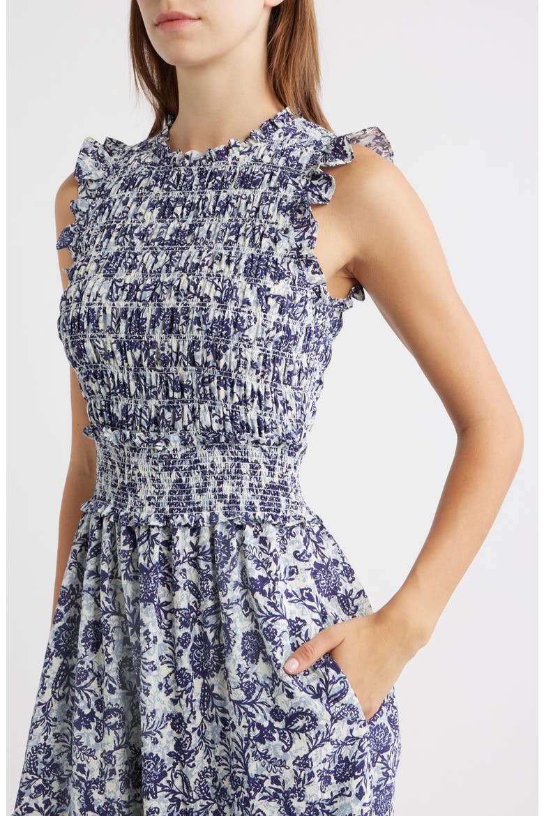 Vivier Smocked Midi Dress, Alternate, color, INDIGO MARIGOLD