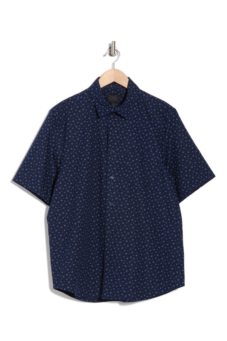 Fish Print Short Sleeve Stretch Poplin Button-Up Shirt, Alternate, color, NAVY GEO FISH