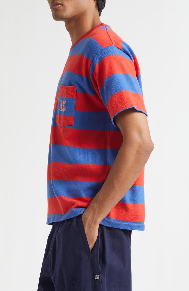 Bode Clubhouse Logo Embroidered Stripe Pocket T-Shirt, Alternate, color, Red Blue