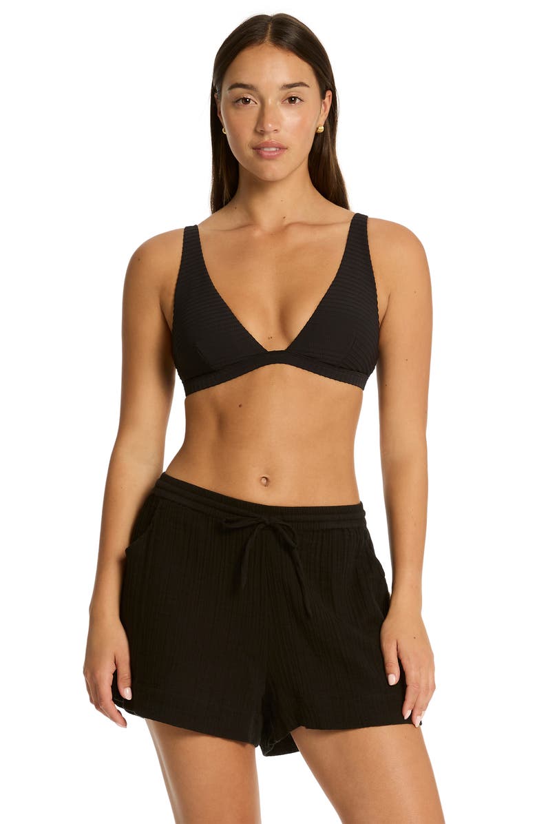 Sea Level Sunset Beach Cotton Gauze Cover-Up Shorts, Alternate, color, Black