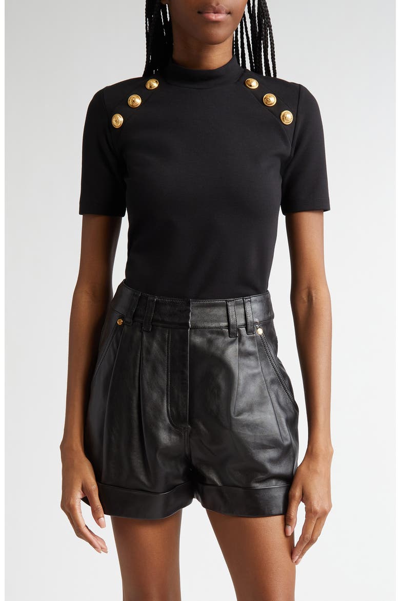 Six-Button Detail Mock Neck T-Shirt, Main, color, 0PA BLACK