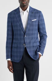 BOSS Hutson Slim Fit Navy Plaid Slub Wool Blend Sport Coat