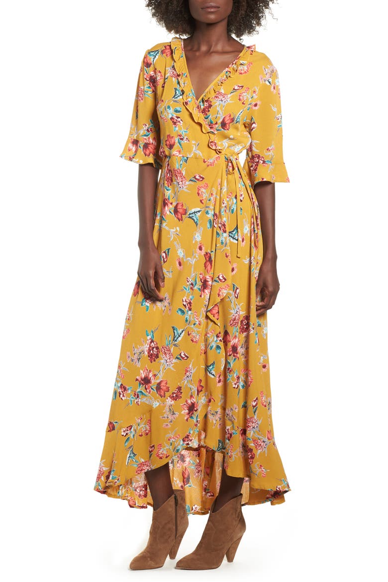 Hudson Floral Print Maxi Wrap Dress, Main, color, GOLD/ RED