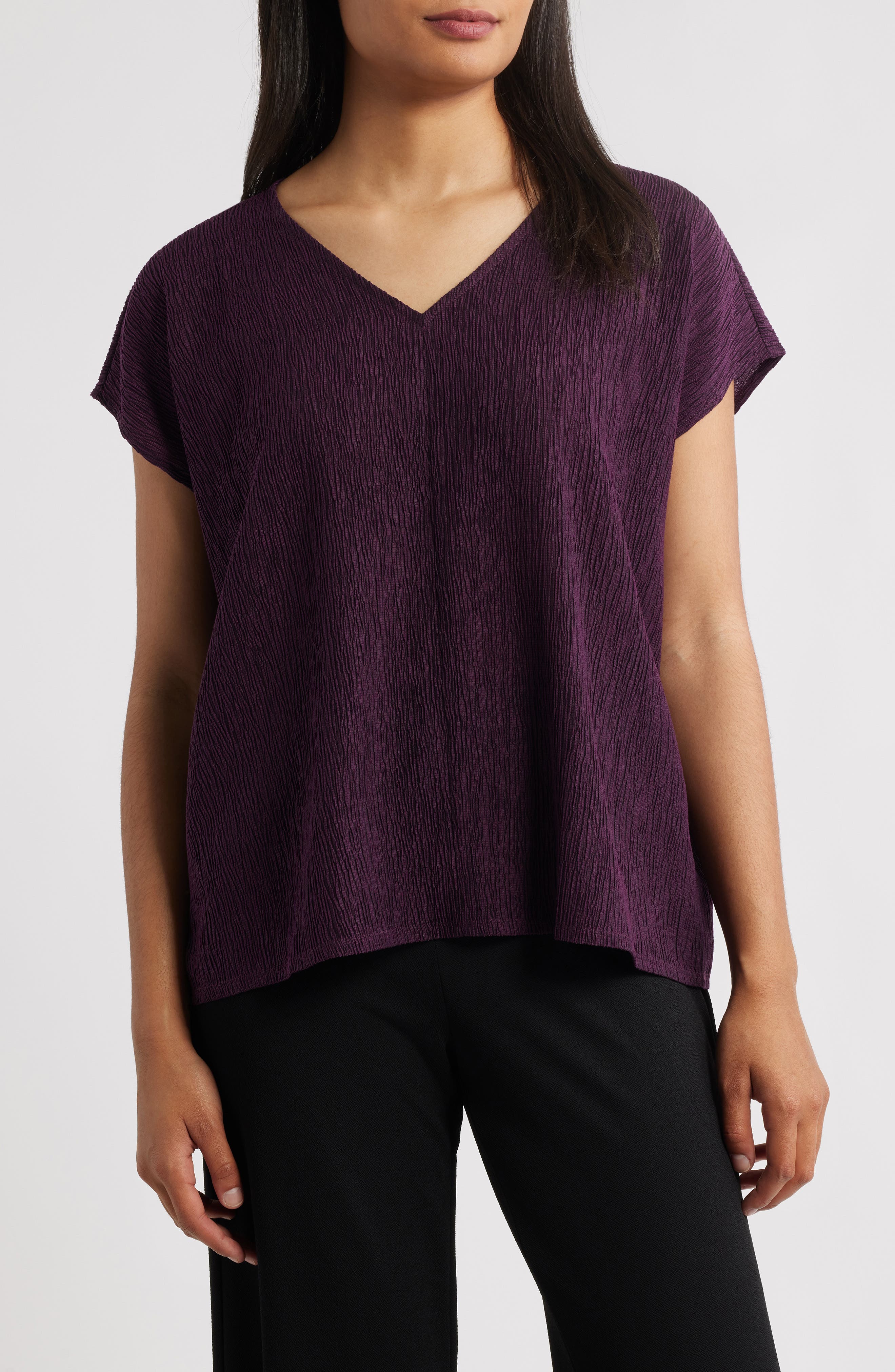 Eileen Fisher Crinkled V-Neck Boxy Top