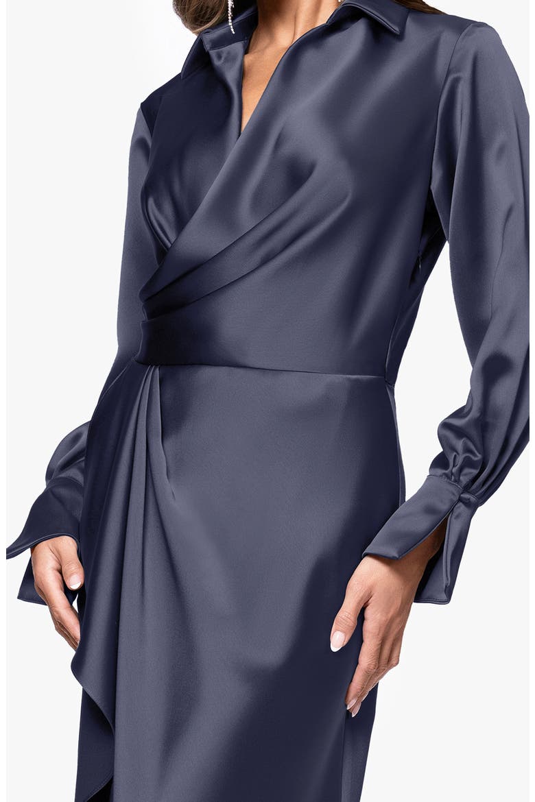 Collar Long Sleeve Satin Gown, Alternate, color, NAVY