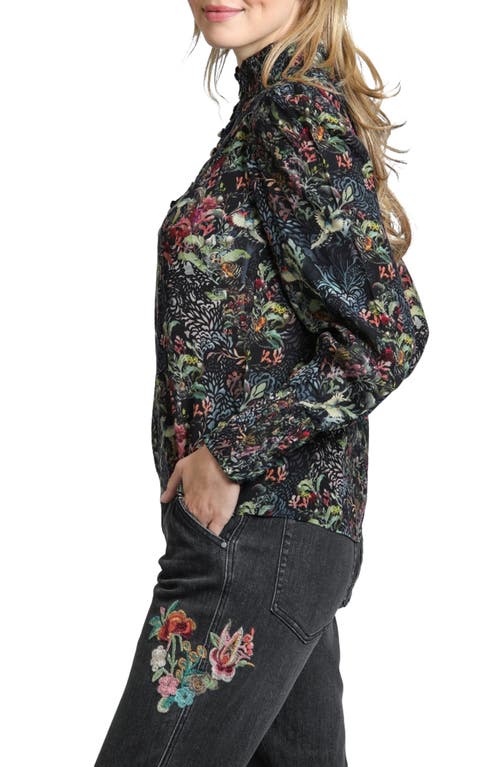 Apny Puff Shoulder Button Front Top In Black/green Multi
