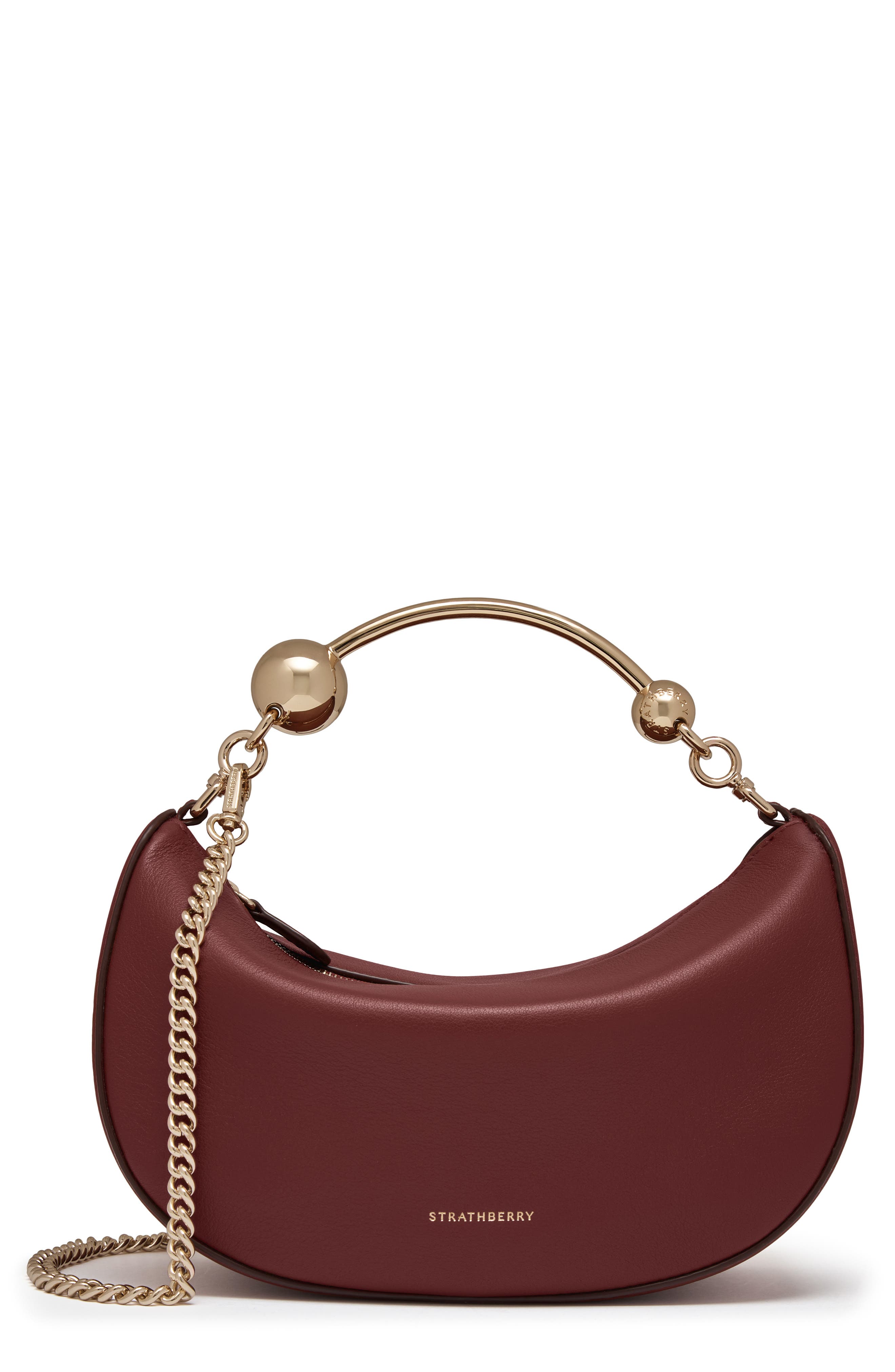 Strathberry Mini Crescent Moon Leather Shoulder Bag, Main, color, Oxblood