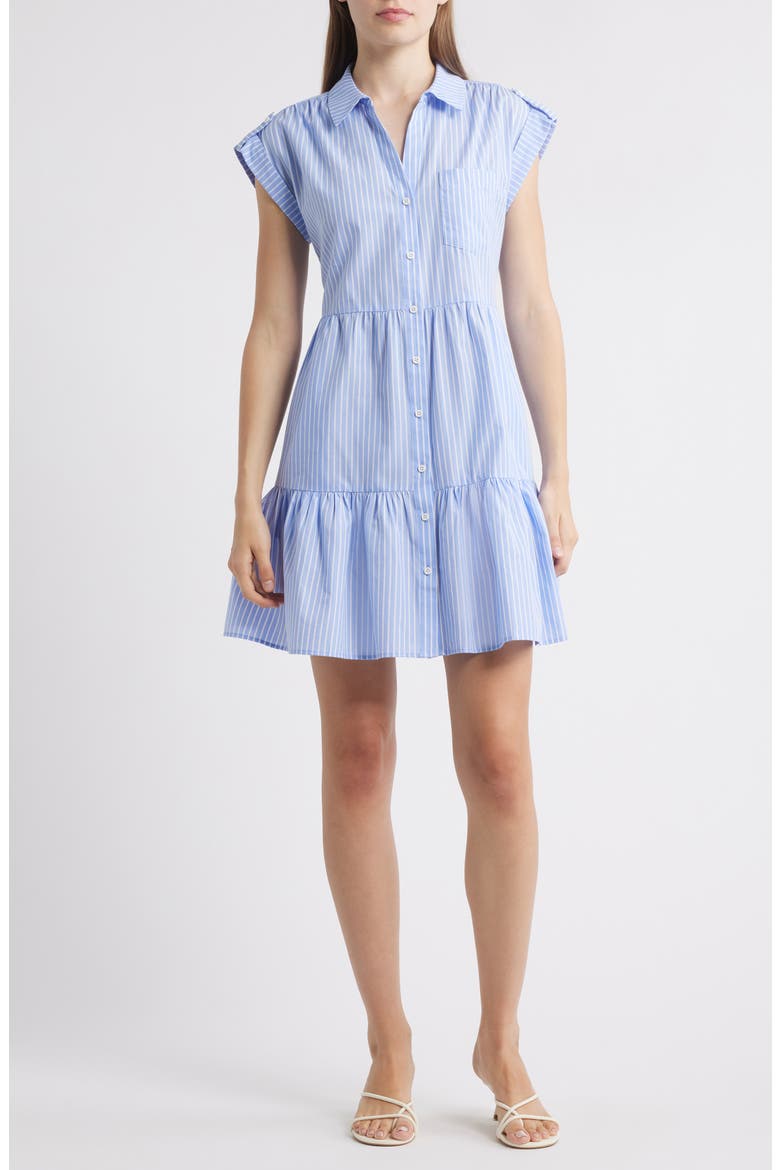 Stripe Tiered Cotton Blend Shirtdress, Main, color, BLUE/ WHITE STRIPE