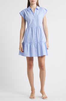 Eliza J Stripe Tiered Cotton Blend Shirtdress